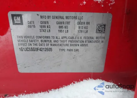 2015 Chevrolet Sonic Lt Auto из США, поврежденный, VIN 1G1JC5SG0F4212605